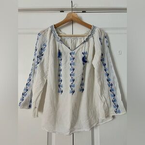 Vintage Hand-embroidered White and Blue Women's Top